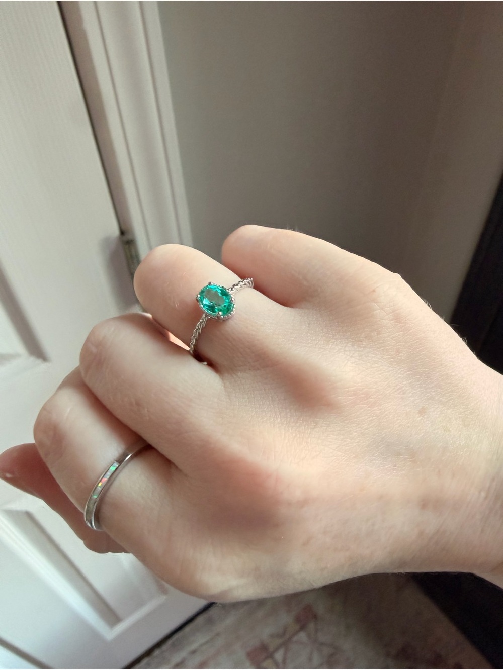 Emerald Oval Halo Silver Ring - Green Gemstone adjustable
